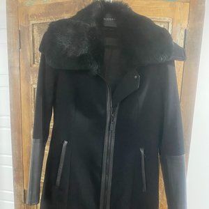 Rudsak Women's Long Coat with Leather and Removable Natural Fur Collar